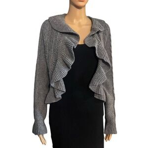 Elisabetta Collection Women's Gray Ruffled Cardigan Sweater Size M